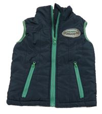 Tmavomodro-zelená prošívaná šuštáková zateplená vesta s nášivkou Topolino