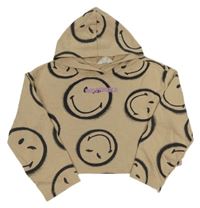 Béžová oversize crop mikina so smajlíkmi a nápisom a kapucňou H&M