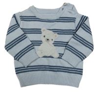 Světlemodro-tmavomodrý pruhovaný sveter s medvedíkom little nutmeg