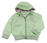 Světlezelený šusťákový jarní bomber s číslom a kvetmi a pruhmi a kapucňou Kiki&Koko