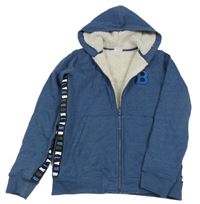 Tmavomodrá melírovaná propínací zateplená mikina s písmenkem a pruhy s nápisy a kapucí POCOPIANO