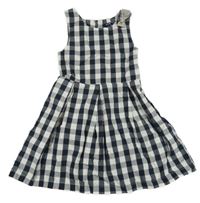 Tmavomodro-biele kockované plátenné šaty s mašlou KIABI