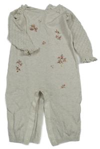 Světlešedo/béžovo-smetanový melírovaný pletený overal s kytičkami a volánky a ažurovými rukávy Next