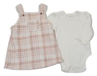 2Set - Bílo-světlerůžovo-starorůžové kostkované fleecové šaty s kapsou + bílé žebrované body George