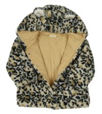 Béžová kožešinová podšitá bunda s leopardím vzorem a kapucí Next