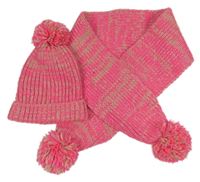 2set - Neonově růžovo-růžová melírovaná šála s bambulemi + čepice M&S
