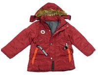 Vínová šusťáková zimní bunda s kapucí s kožešinou