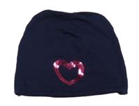 Tmavomodrá bavlnená čapica so srdcem z flitrů