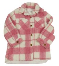Tmavorůžovo-smetanová kostkovaná huňatá zateplená košilová bunda F&F