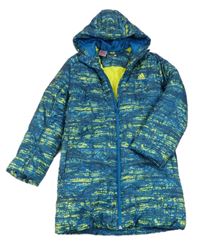 Petrolejovo-neonově žlutý vzorovaný šusťákový zimní kabát s kapucí Adidas