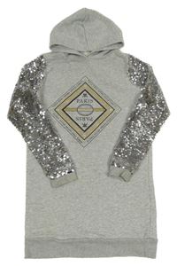 Šedé melírované teplákovo/flitrové šaty s nápisem a kapucí River Island