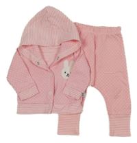 2set - Růžová puntíkatá propínací mikina s králíkem a pruhovanou kapucí + tepláky