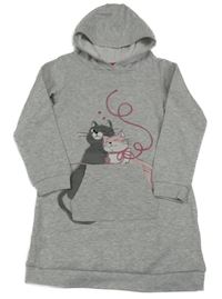 Šedé melírované teplákové šaty s kočkami a kapucí Kids