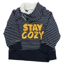 Tmavomodro-bílá pruhovaná mikina s nápisem a komínovým límcem Topomini