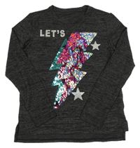 Antracitovo-černé melírované úpletové triko s bleskem z překlápěcích flitrů C&A