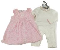 Nové - 2set - Svetloružová zamatová šatová tunika s výšivkami a mašlí + smotanový overal