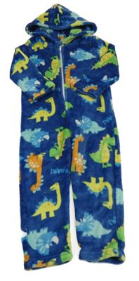 Modrá chlupatá kombinéza s dinosaury a kapucí Shein