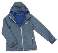 Tmavomodrá melírovaná softshellová funkční bunda s nášivkou a kapucí Active Touch