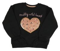 Čierna mikina s květovaným srdcem s flitrami a volánikmi C&A