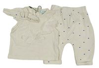 3set - Bílé tričko s volánem s madeirou + bílé puntíkaté lehké tepláky + čelenka