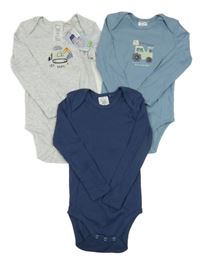 Nové - 3x body - modré s traktorem + tmavomodré + šedé melírované s bagrem Pocopiano