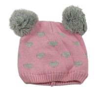 Růžovo-šedá pletená podšitá čepice se srdíčky a bambulkami Impidimpi