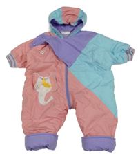 Světlemodro-růžovo-fialová šusťáková zimní kombinéza s kapucí 