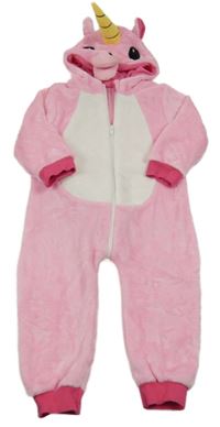 Kockovaným - svetloružová plyšová kombinéza s ocasem a kapucí - jednorožec