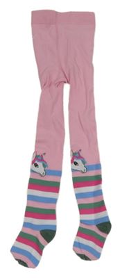 Růžovo-barevné pruhované punčocháče s jednorožci 