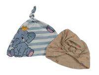 2x čepice - béžová květovaná turbanová + bílo-modrá pruhovaná se slony 