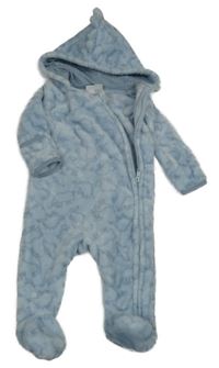Světlemodrá plyšová kombinéza s dinosaury a kapucí 