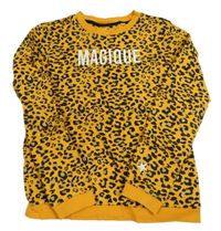 Hořčicovo-čierno-zlatá mikina s leopardím vzorom a nápisom WE