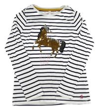 Bílo-tmavomodré pruhované triko s jednorožcem z flitrů Joules