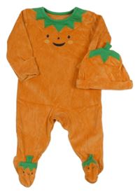 2set - Oranžovo-zelený zamatový overal - dýně + čapica Nutmeg