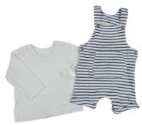 Nové - 2set - Bílé triko + bílo-tmavomodré pruhované laclové kraťasy Matalan