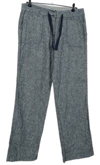 Dámské tmavomodré melírované lněné volné kalhoty 