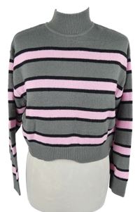 Dámsky sivo-ružový pruhovaný crop sveter so stojačikom H&M