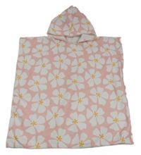 Svetloružové froté osuškové pončo s kvietkami a kapucňou