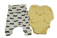 2set- žluté puntíkaté body s kačátkem+ smetanové lehké tepláky s Batmanem