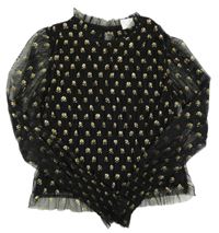 Čierno-zlatá šifónová crop blúzka so zlatými kvetinami Zara