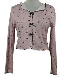 Dámské světlerůžové žebrované pyžamové crop triko se srdíčky 