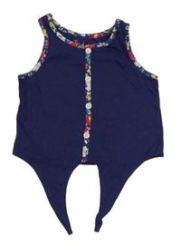 Tmavomodrý crop top s barevným lemem a uzlom Tu