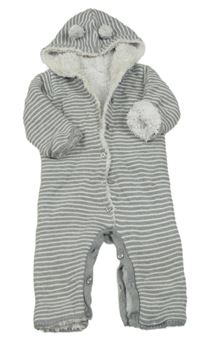 Šedo-bílá pruhovaná pletená zateplená kombinéza s kapucí s oušky Matalan