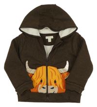 Hnědá propínací zateplená mikina s býkem a kapucí Jojo Maman Bébé