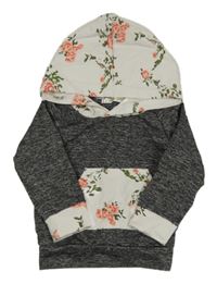 Tmavosivá melírovaná mikina s kvetovanou vreckom a kapucňou