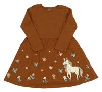 Skořicové bavlněné šaty s kytičkami a koněm C&A