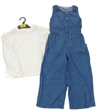 Nové - 2set - Modrý ľahký rifľový culottes overal + blúzka E-Vie