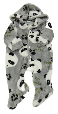 Sivá chlpatá kombinéza s pandami a kapucňou