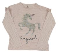 Ružovo-biele pruhované tričko s jednorožcom a volánikmi F&F