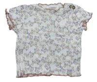 Bielo-staroružové rebrované tričko s kvietkami a vreckom Topomini